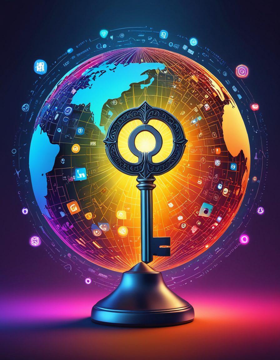 A captivating illustration of a key unlocking a digital globe, symbolizing domain consultancy and online presence. Surround the globe with various icons representing social media, e-commerce, and digital marketing. Incorporate a bright color palette to convey success and opportunity, with dynamic rays of light emanating from the keyhole. The background should be sleek and modern, reflecting a digital landscape. super-realistic. vibrant colors. 3D.