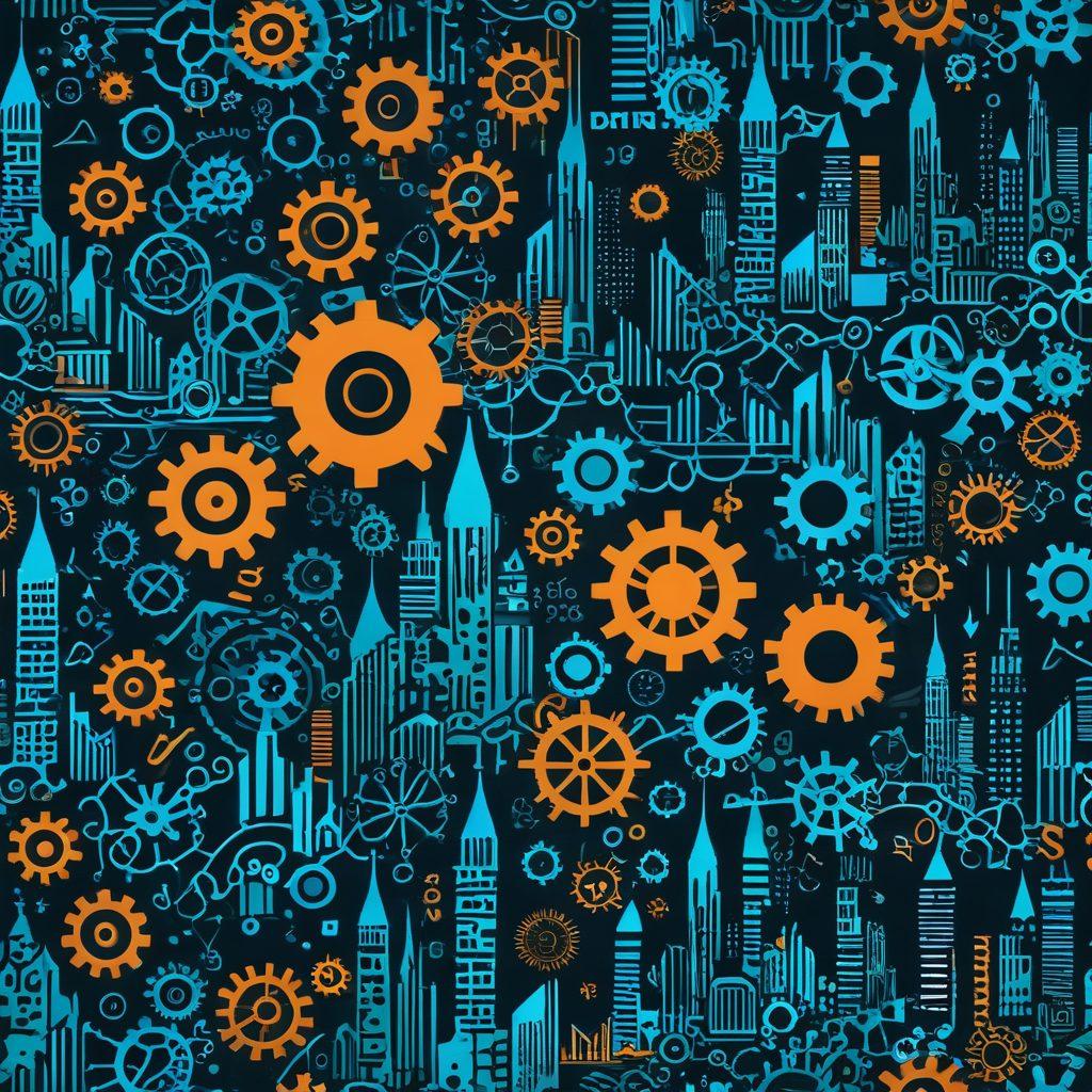 A visually striking collage of digital tools such as SEO analytics, social media icons, and graphic design software, seamlessly blended with a vibrant city skyline representing the digital landscape. Incorporate elements like gears or cogs symbolizing optimization, alongside upward arrows to signify growth. Use a modern color palette with blues, greens, and oranges for a fresh look. super-realistic. dynamic composition. vibrant colors.