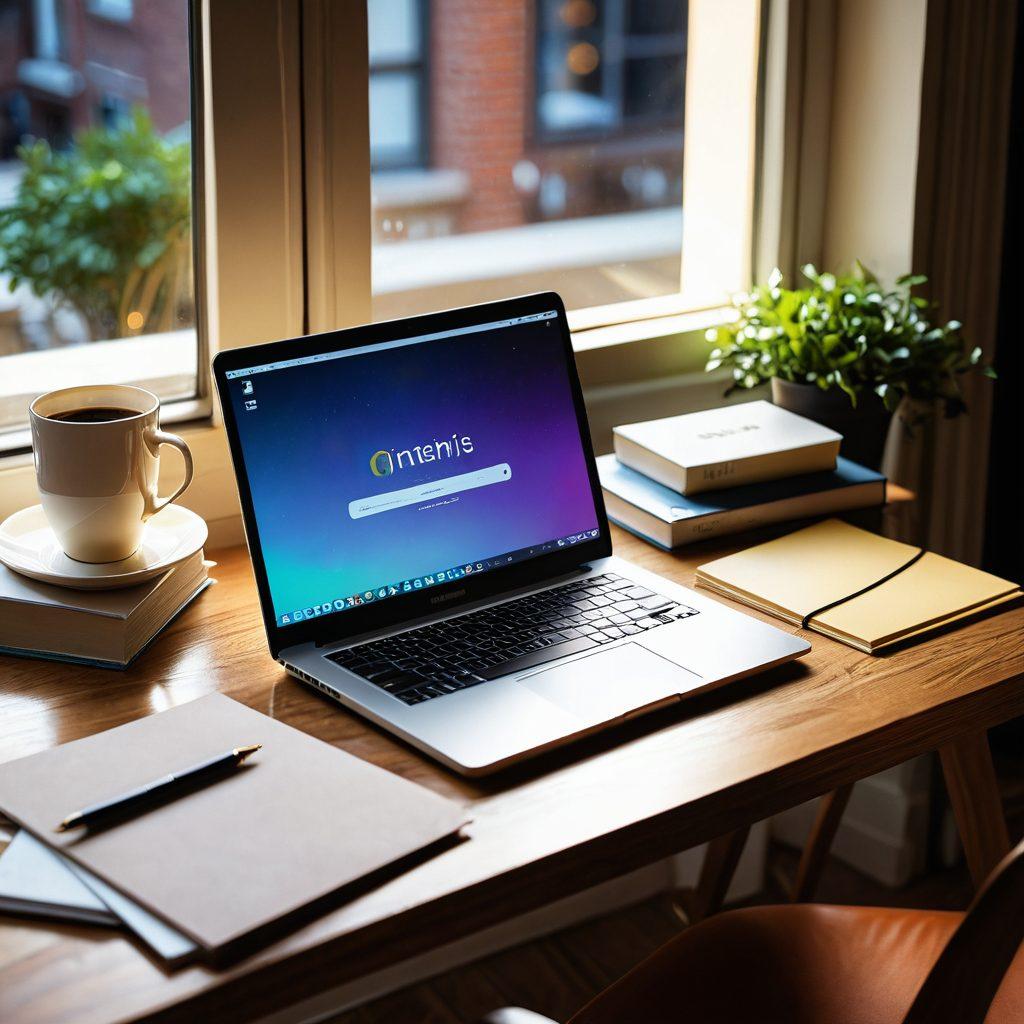 An elegant desk adorned with a laptop showing a portfolio of domain names, scattered notes, and a coffee cup, surrounded by books on business strategy and domain consulting. Warm afternoon light streaming through a nearby window, creating a cozy and productive atmosphere. The scene should evoke a sense of creativity and professionalism, with subtle hints of technology. super-realistic. vibrant colors. soft focus.
